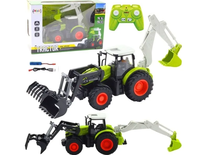 LeanToys landbrukstraktor 2-i-1 med roterende skuff og gravemaskin, fjernstyrt 2,4G LEAN Toys