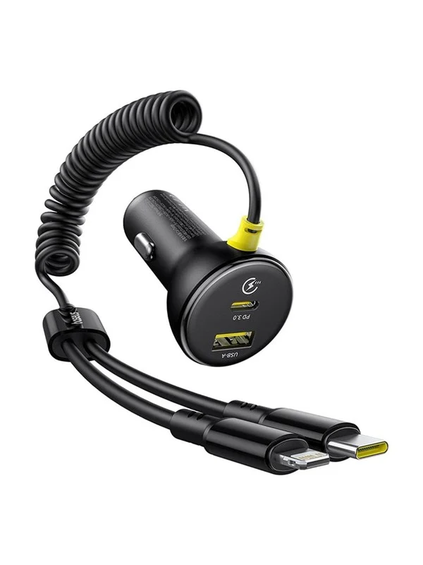 Baseus Circular 60W USB-A + USB-C Car Charger with Built-in Lightning + USB-C Cable 1.4m - Black
