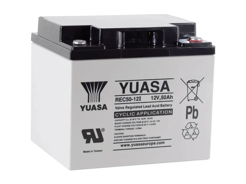 Yuasa REC50-12 blybatteri 12 V 50 Ah Blyfleece (B x H x D) 197 x 175 x 165 mm M5 skrue tilkobling lav selvutlading, lett å vedlikeholde, syklusstabilt
