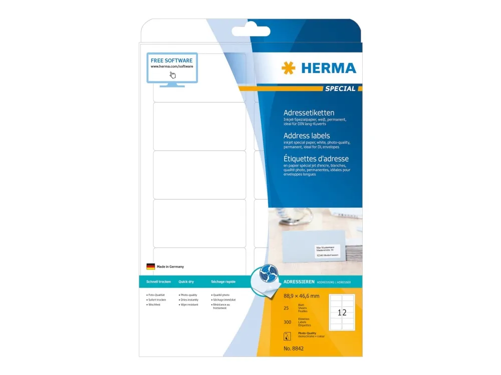 HERMA 8842, Hvit, Papir, Blekkdyse, Matte, Permanent, Avrundet rektangel