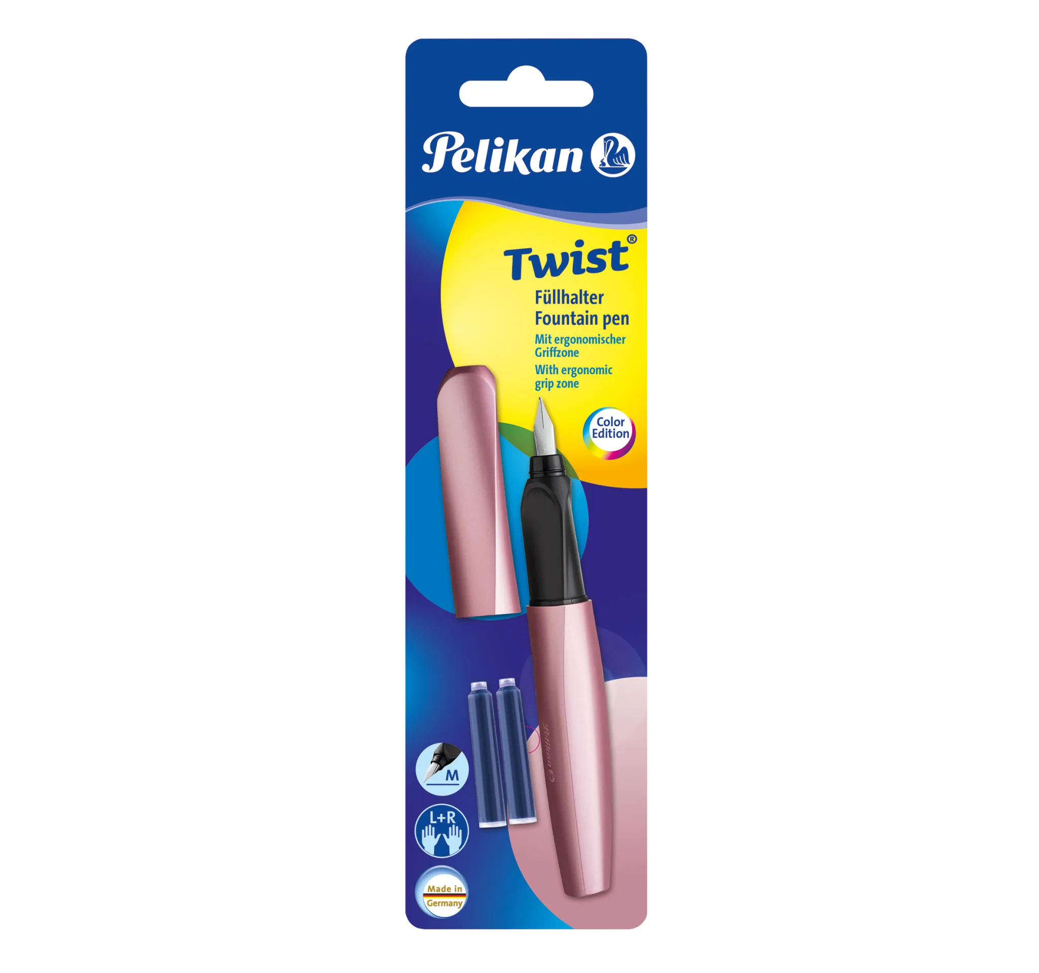 Pelikan 806268, Rosa, Fyllesystem med patron, Blå, Kursiv pennesplitt, Rustfritt stål, Medium