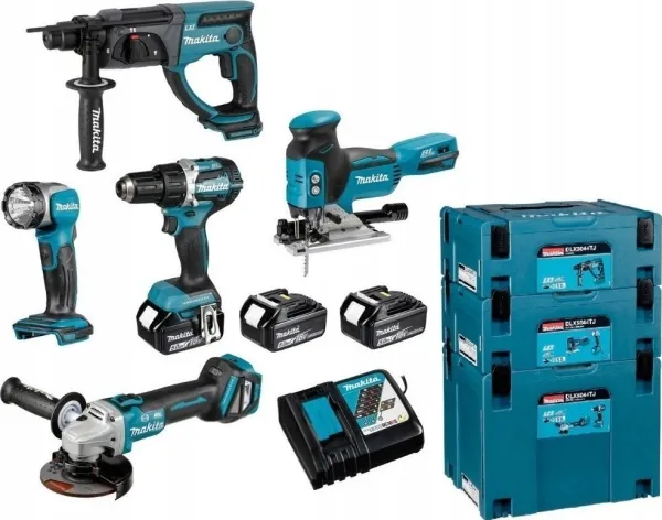 Makita DLX5044TJ, Trådløs kombidrill, Cordless flashlight, Cordless grinder, Cordless jigsaw, Trådløs slaghammer, Sort, Grønn, 3,8 cm, Børsteløs, 1/2, 2000 RPM