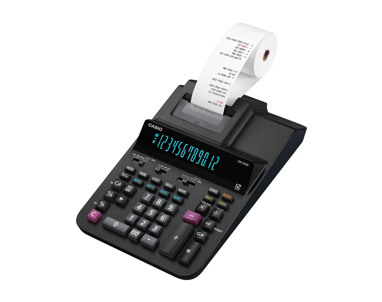Casio DR-200R-BK, Desktop, Printing, 12 sifre, AC / batteri, Svart