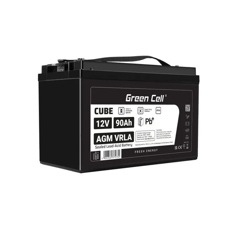Green Cell AGM12V90AH-J, 12 V, 90 Ah, 1 stykker, 5 år, Svart, Forseglet blysyre (VRLA)