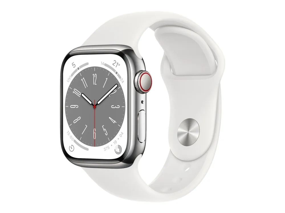 Apple Watch Series 8 (GPS + Cellular) - 41 mm - sølv rustfritt stål - smartklokke med sportsbånd - fluorelastomer - hvit - båndbredde: Regular - 32 GB - Wi-Fi, Bluetooth, LTE, UWB - 4G - 42.3 g