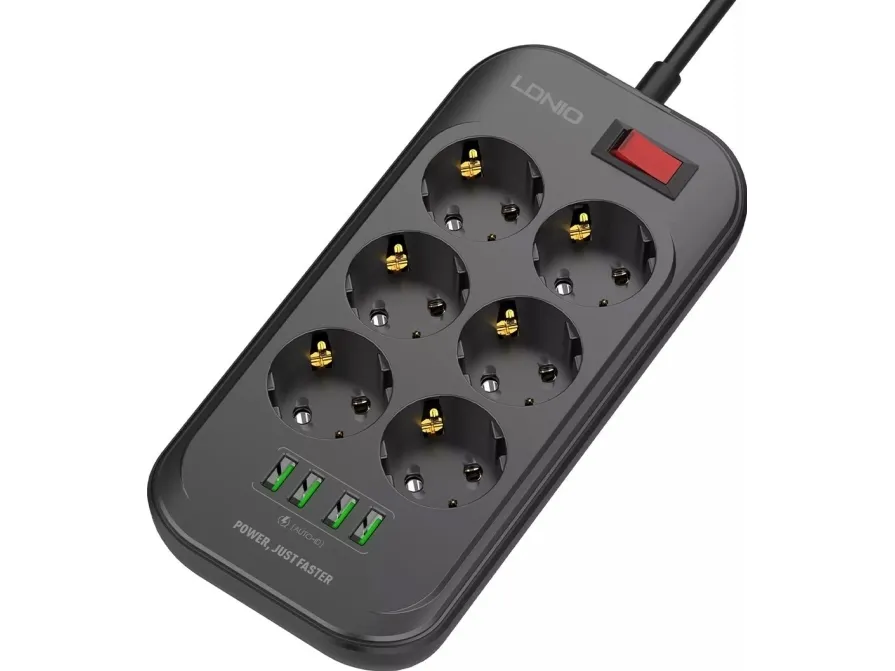 Grenuttak/strømskinne med 6 AC-uttak, 4x USB, LDNIO SE6403, 2 m (svart)