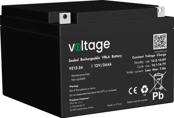 AGM-spenning 12V 26Ah VE12-26 batteri (levetid 6-9 år)