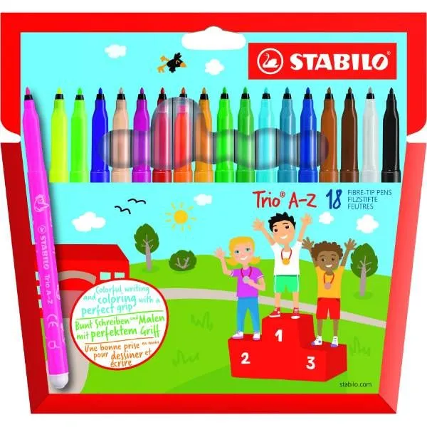 Stabilo Trio A-Z barnetusj – med 18 farger – 1 mm strek (15 + 3 fluorescerende farger)