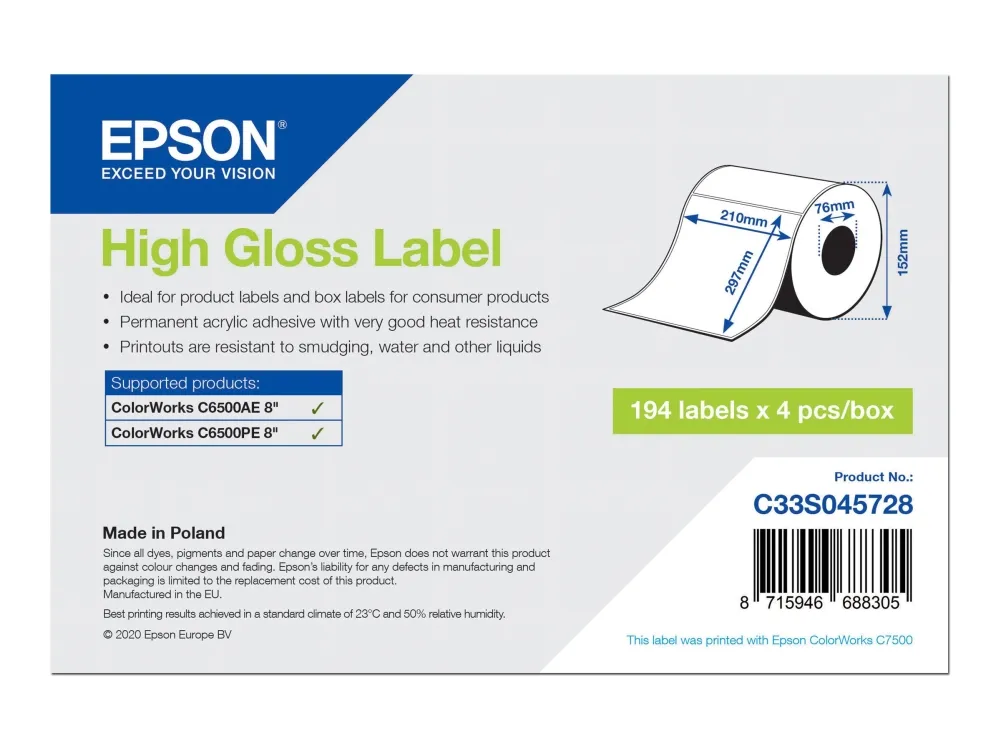 Epson - Høyblank - permanent akryl-adhesiv - mikroporøs - hvit - A4 (210 x 297 mm) 776 etikett(er) (4 rull(er) x 194) stanseskårne etiketter - for ColorWorks CW-C6500Ae, CW-C6500Pe