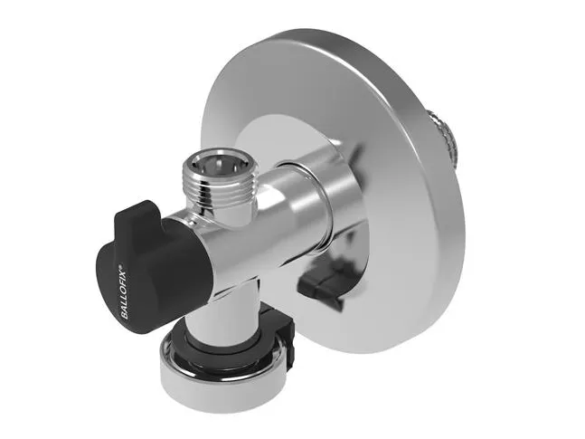 Broen Ballofix® krom dobbelt vinkelventil 3/4 x 1/2 x 3/8 med kontraventil greb og roset