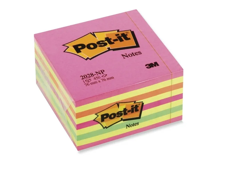 Post-it 2028-NP - Kubisk notisblokk - 76 x 76 mm - 450 ark - neongrønn, neongul, neonrosa, neonoransje, ultrarosa