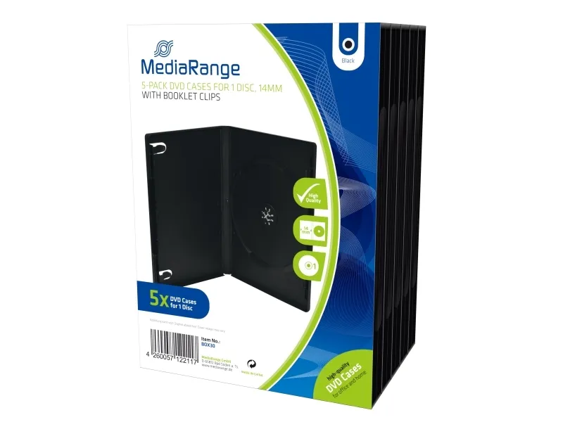 MediaRange Retail-Pack DVD-Case Single - DVD-videoboks - kapasitet: 1 CD/DVD - svart (en pakke 5)