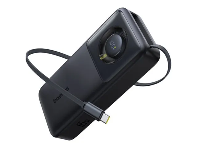 Baseus Free2Pull P10073700123-00 - Strømbank - with built-in retractable Type-C cable - 5 / 9 / 12 / 15 / 20 V - 65 watt - litiumpolymer - 20000 mAh - 74 Wh - utgangskontakter: 2 - kosmisk svart