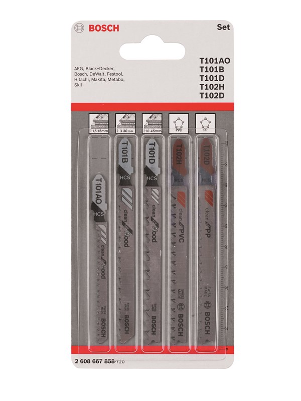 Bosch 5-delers stikksagblad-sett Wood and Plastics T 101 AO; T 101 B; T 101 D; T 102 H; T 102 D