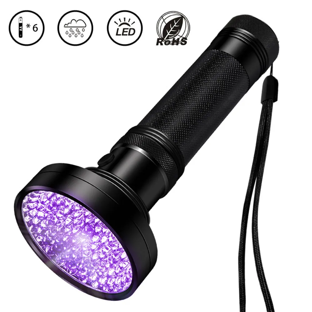 UV-lommelygte med 100 LED’er – Kraftfuld UV-lampe til rengøring, jagt og pletdetektering