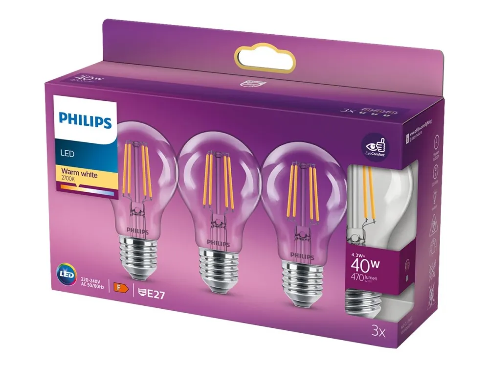 Philips LED-lyspære Classic Standard 4.3W/827 (40W) Clear 3-pack E27