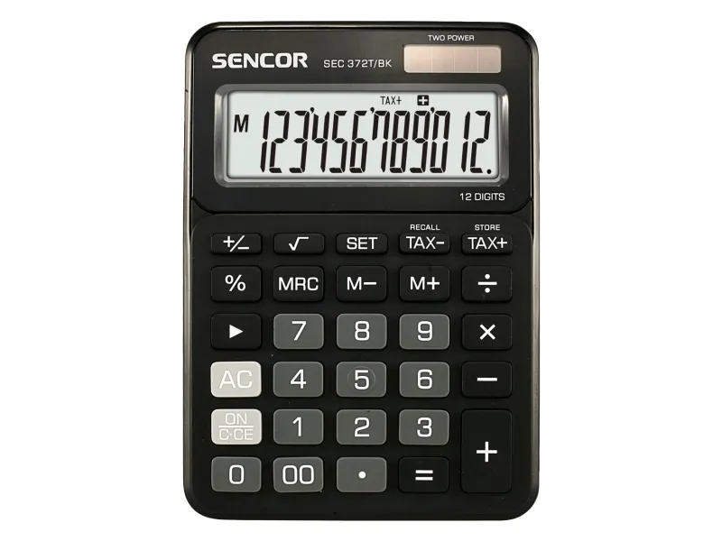 Sencor SEC 372T/BK, Desktop, Grunnleggende, 12 sifre, Vippbar skjerm, Batteri/Solcelle, Sort