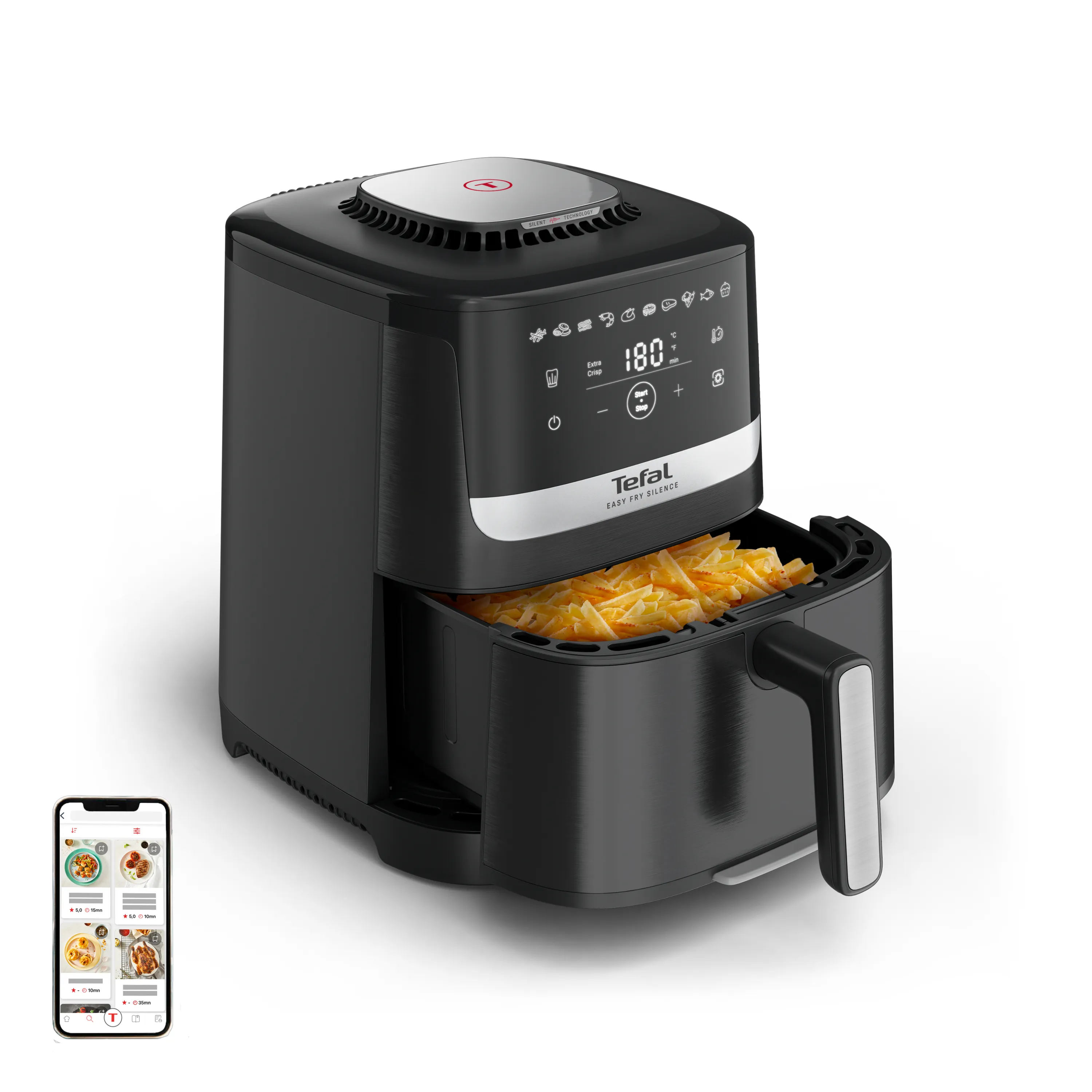 Tefal Easy Fry Silence EY5528E0, Varmluftsfrityr, 5 l, 40 °C, 220 °C, Single/enkelt, Svart, Rustfritt stål