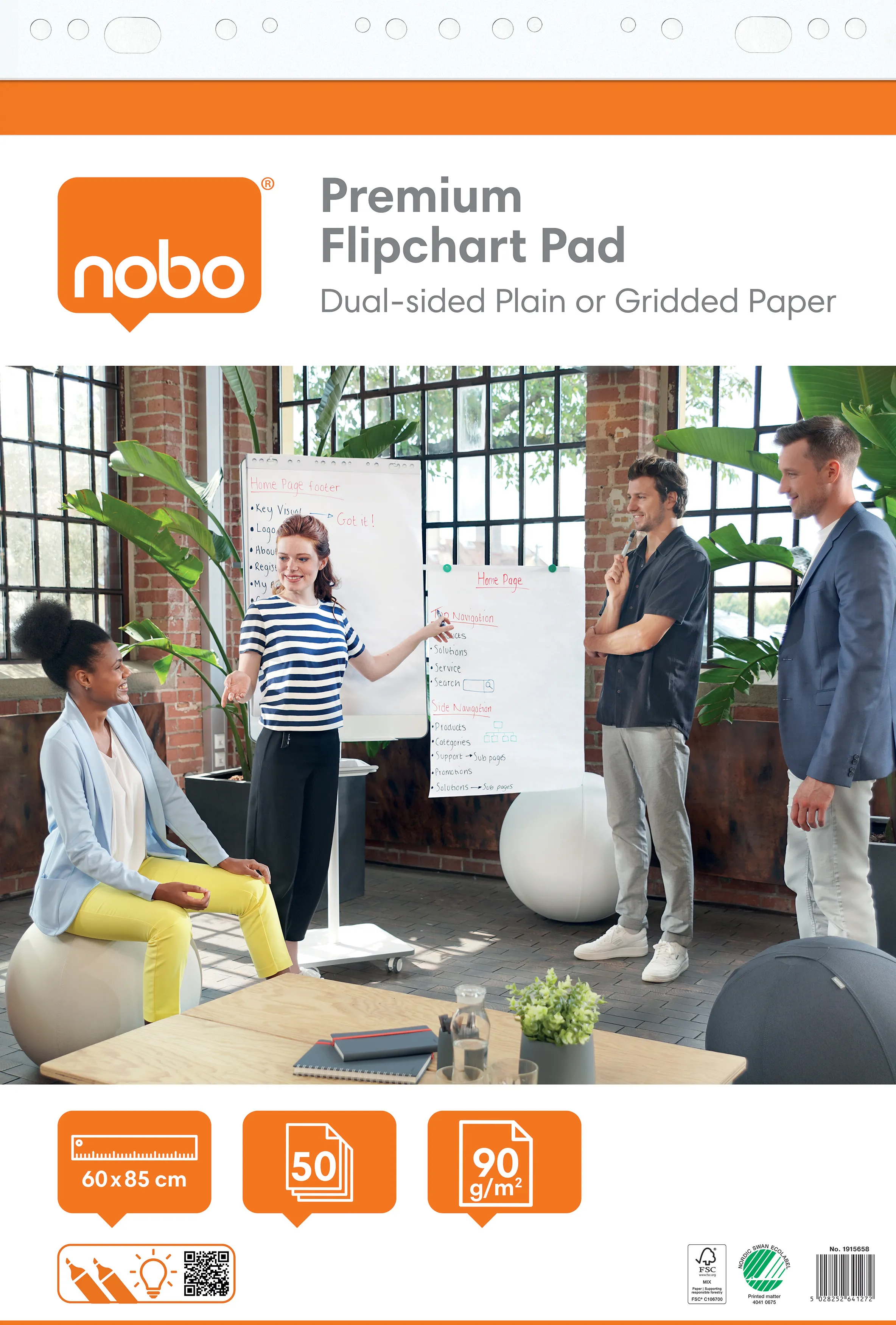 Nobo Premium flippoverblokk 60x85 cm, tosidig blanke og rutet papir, 50 ark, Flippoverblokk, Hvit, Papir, 90 g/m², Vertikal, 600 mm