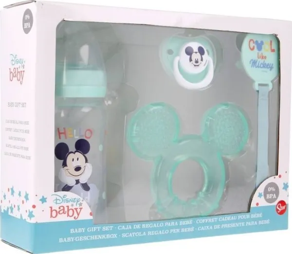 Mickey Mouse babysett (flaske til smokk 240 ml, anatomisk smokk, tyggeleke, smokkholder) (Cool)