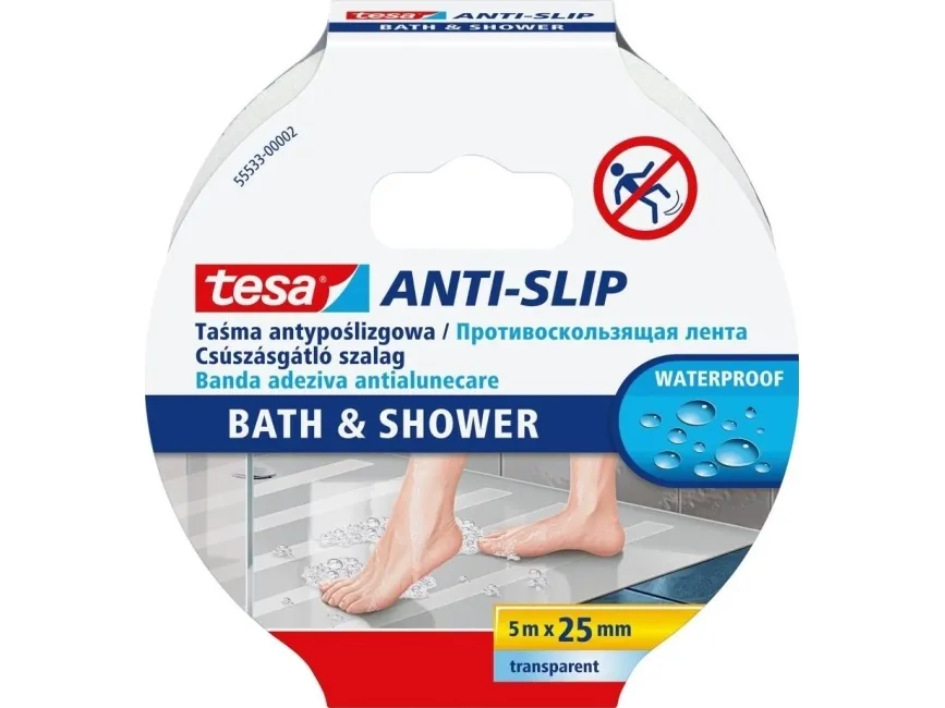 Tesa sklisikker tape, 25 mm bred, 5 m, til bad, vannbestandig
