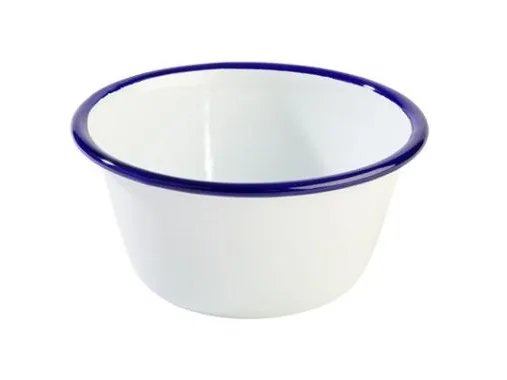 Skål 50 cl Ø13xH6 cm Emaljert stål hvit med blå kant,stk
