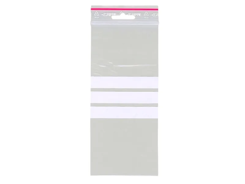 Lynlåspose, Grippie, 50 µm, 80 x 180 mm LD-PE, Transparent, med skrivefelt lynlåslukning, pakke a 10