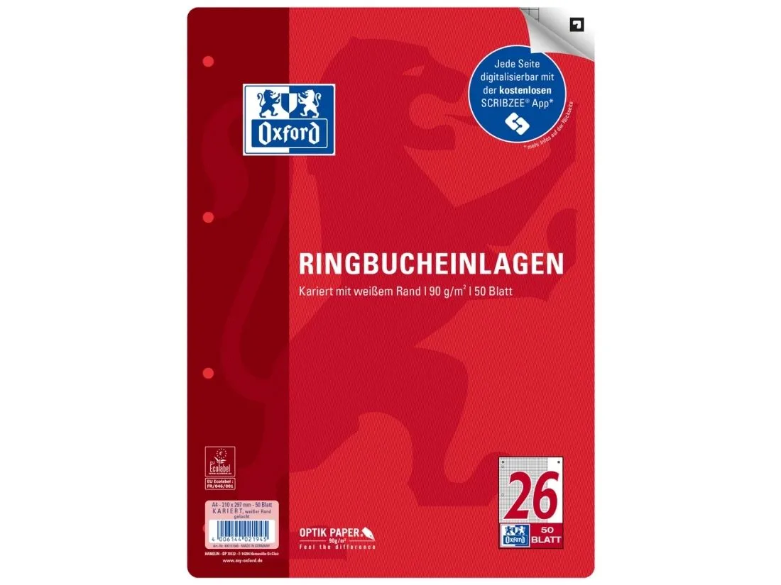 Oxford 400131580, 210 x 297 mm (A4), Rute papir, 90 g/m², Hvit, 210 mm, 297 mm
