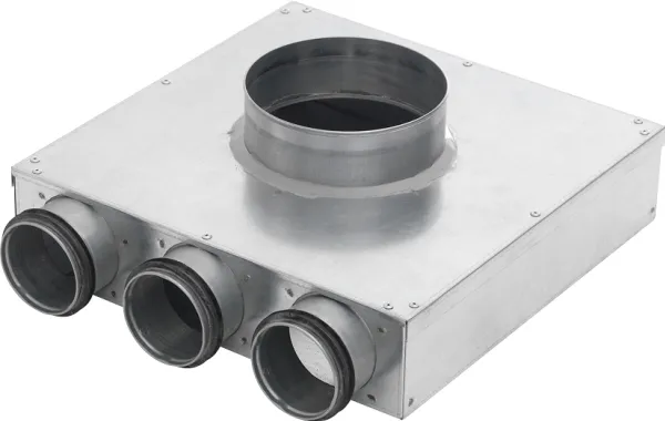 LINDAB InDomo ventilboks PVCU 100 til ventil ø100 med 2 afgange ø63 med Safe tætning for rør SR63 eller slange LFPE63/LFPEB63. Højde 38 mm.