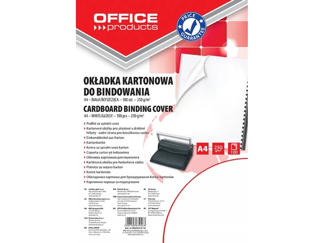 Office Products innbindingsrygger A4 papp 250 gsm blanke, hvit 20232515-14, 100 stk