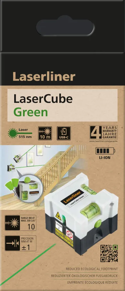 Laserliner LaserCube, 10 m, 1 mm/m, 635 nm (< 1 mW), Linjevater, Sort, Hvit, 4 timer