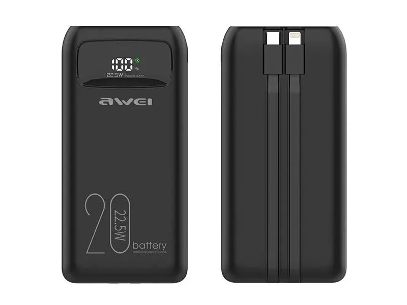 Powerbank Awei AWEI PowerBank P169K 20000mAh 22.5W svart, skjerm + PD/Lightning-kabel
