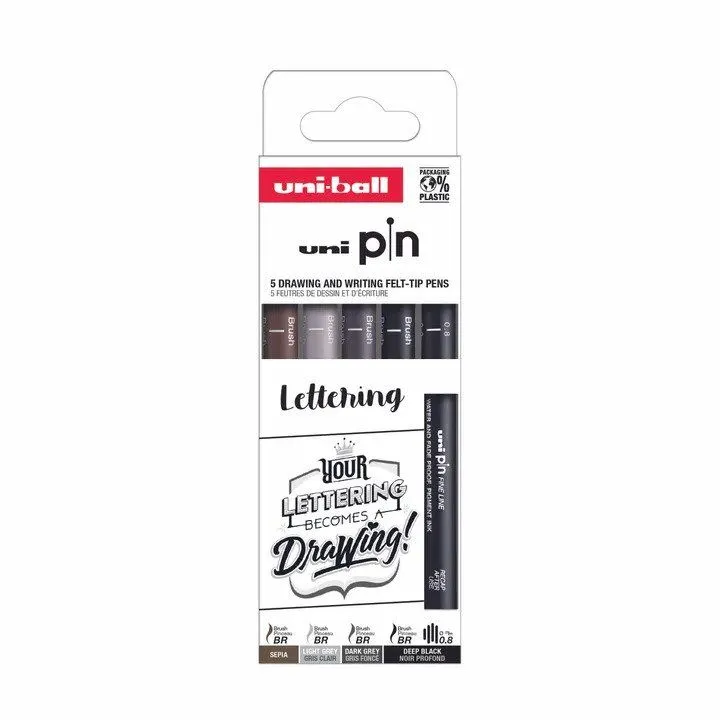 Uni Pin set lettering 5 stk (brush sepia, light grey, dark grey, black/0,8) pigmented ink
