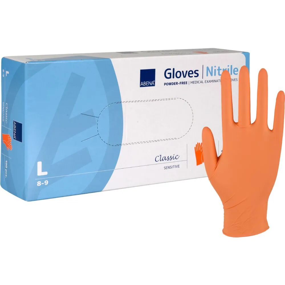 Undersøkelseshanske, ABENA Classic Sensitive, L, oransje, nitril, pudderfri - (100 stk.)