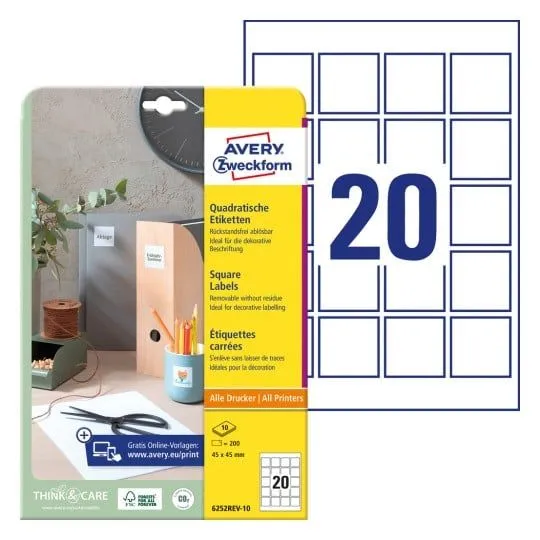 AVERY Zweckform identifikasjonsetiketter, 45 x 45 mm, hvite kvadratiske, avtakbare, ubestrøket papir, - 1 stk (6252REV-10)