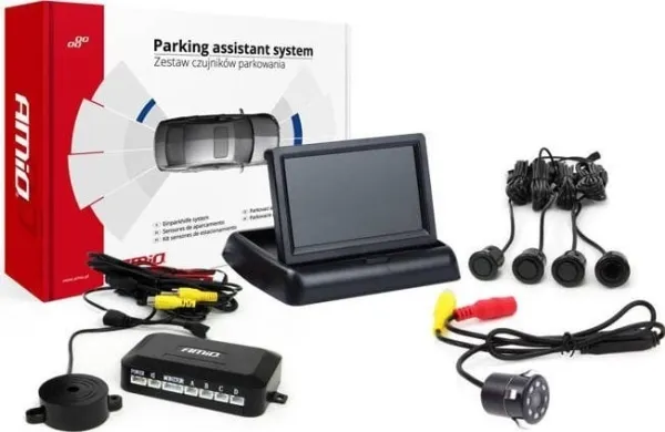 Amio parkeringshjelpesystem TFT02 4,3 med HD-307-IR-kamera, 4 svarte sensorer GOLD