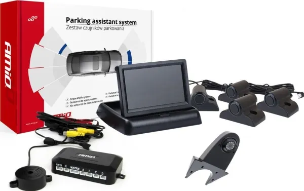 Parkeringshjelpesystem FT02 4,3 med HD-502-IR-kamera, 4 svarte sensorer, til lastebiler