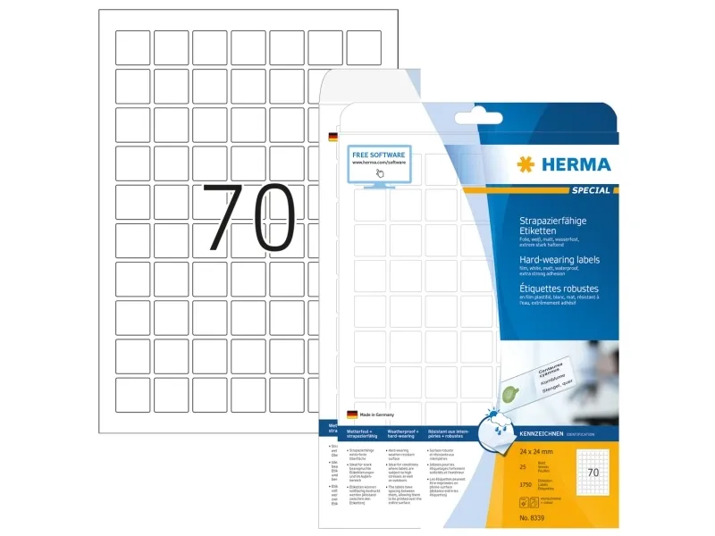 HERMA 8339, Hvit, Selvklebende skriveretikett, A4, Laser, Permanent, Matte