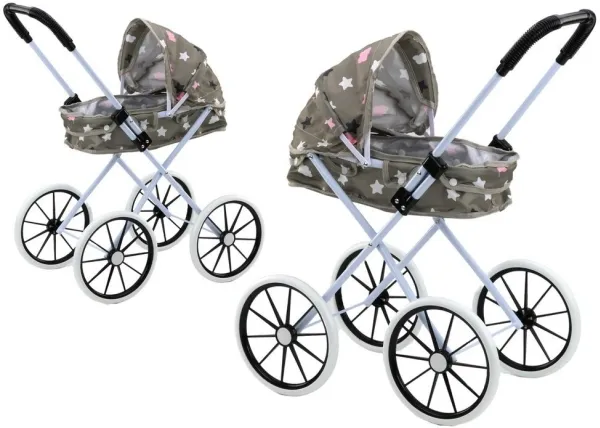 Lean Toys grå dukkevogn med stjernemotiv og store hjul