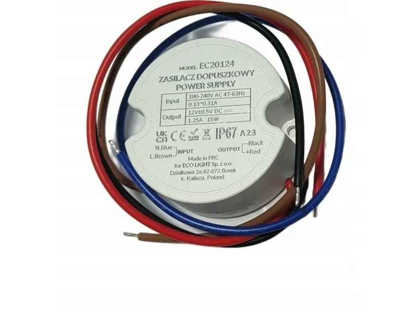 ECOLIGHT2 strømforsyning til boks 1,25A 15W 12V IP67 50x50x22 EC20124