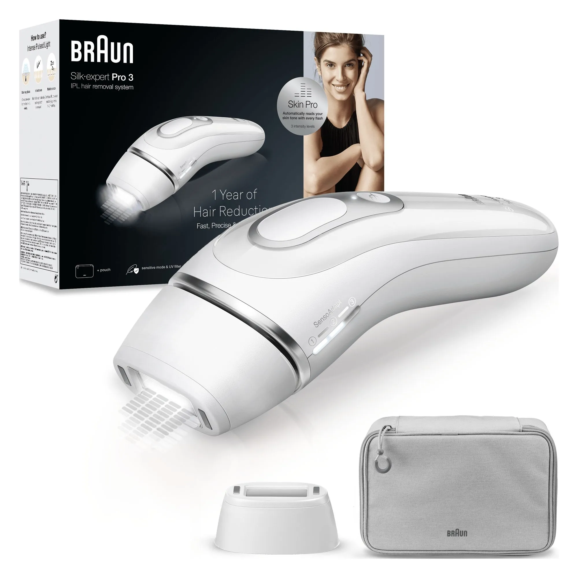 Braun Silk-expert Pro Silk expert Pro 3 PL3020, Intense Pulsed Light (IPL), Sølv, Hvit, Storbritannia, AC, 100 - 240 V, Boks