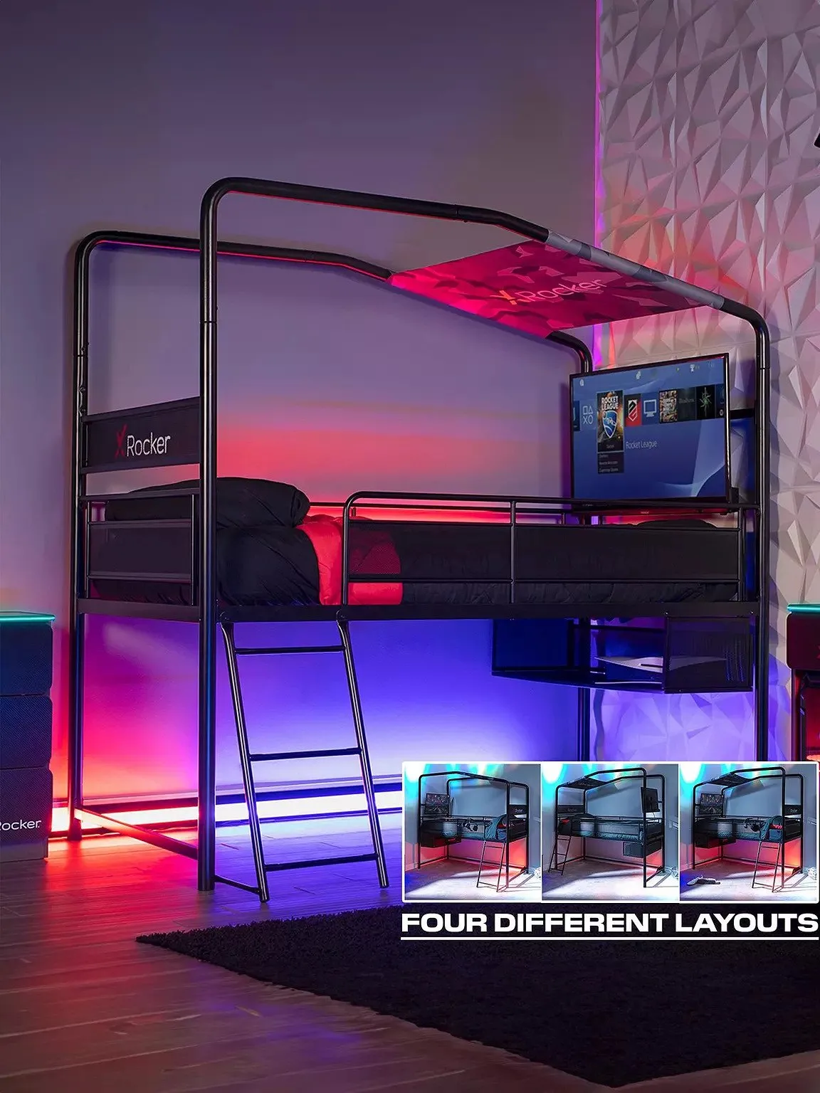 XROCKER Gaming Loftseng Sort 90x190cm/TV-feste/Metal