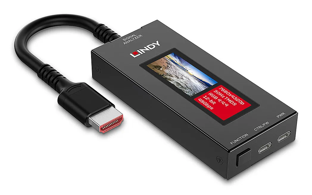 Lindy HDMI 8K60 Signal Analyzer, Signalanalysator, Svart, Metall, Knapper, 4:2:0, LCD