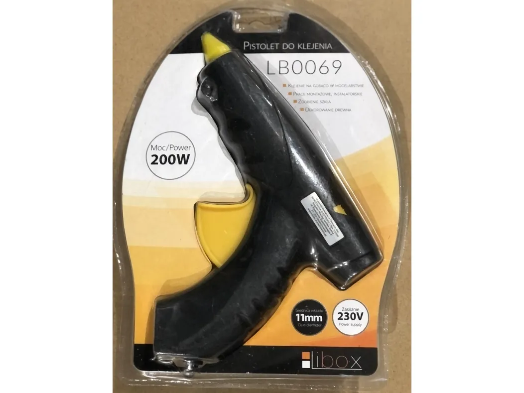 Libox Pistolet do klejenia 200W ( KLEJARKA) LB0069, Elektrisk limpistol, Sort, Oransje, Plast, Keramisk, Kork, Lær, Plast, Polystyren (PS), Gummi, Tre, 12 g/min, 120 s