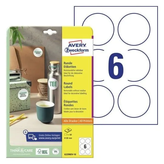 Avery 6229REV-10, Hvit, Rund, Avtagbar, A4, Papir, Universal