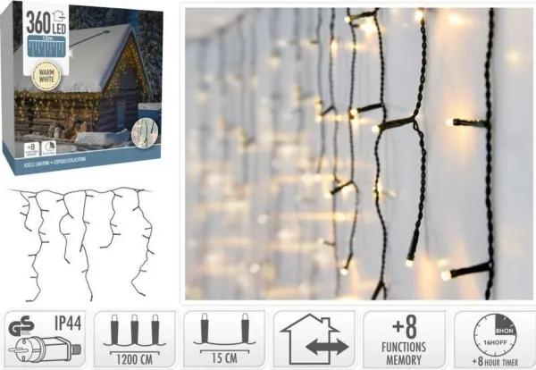 Koopman julelys kjede 360 LED, styring, timer, varmt/hvit, kabel grønn