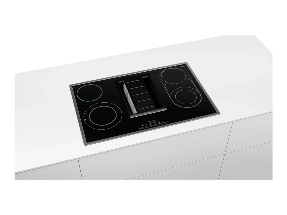Bosch Serie | 6 PKM845F11E - Keramisk komfyrtopp - 4 plater - Nisje - bredde: 78 cm - dybde: 50 cm - Klasse A - med pynt av rustfritt stål - svart med fallvinduttrekk (uttrekk og resirkulering med ekstra uttrekks- og resirkuleringssett)