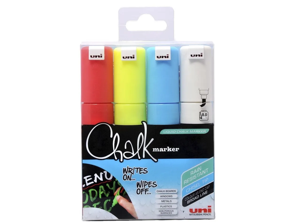 Whiteboardmarker, Uniball Chalk PWE-8K 4S, 8MM, Rund spids, assorteret non-permanent, Sæt med 4 stk