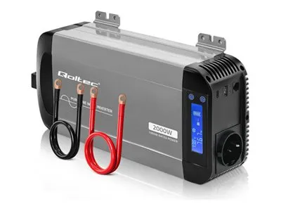 Qoltec - DC-AC strøminverter - pure sine wave, LCD, USB, USB-C, compatible with LiFePO4 GEL AGM - AC 230 V / DC 12 V - 2000 watt - RS-485 - utgangskontakter: 1 - gråsvart