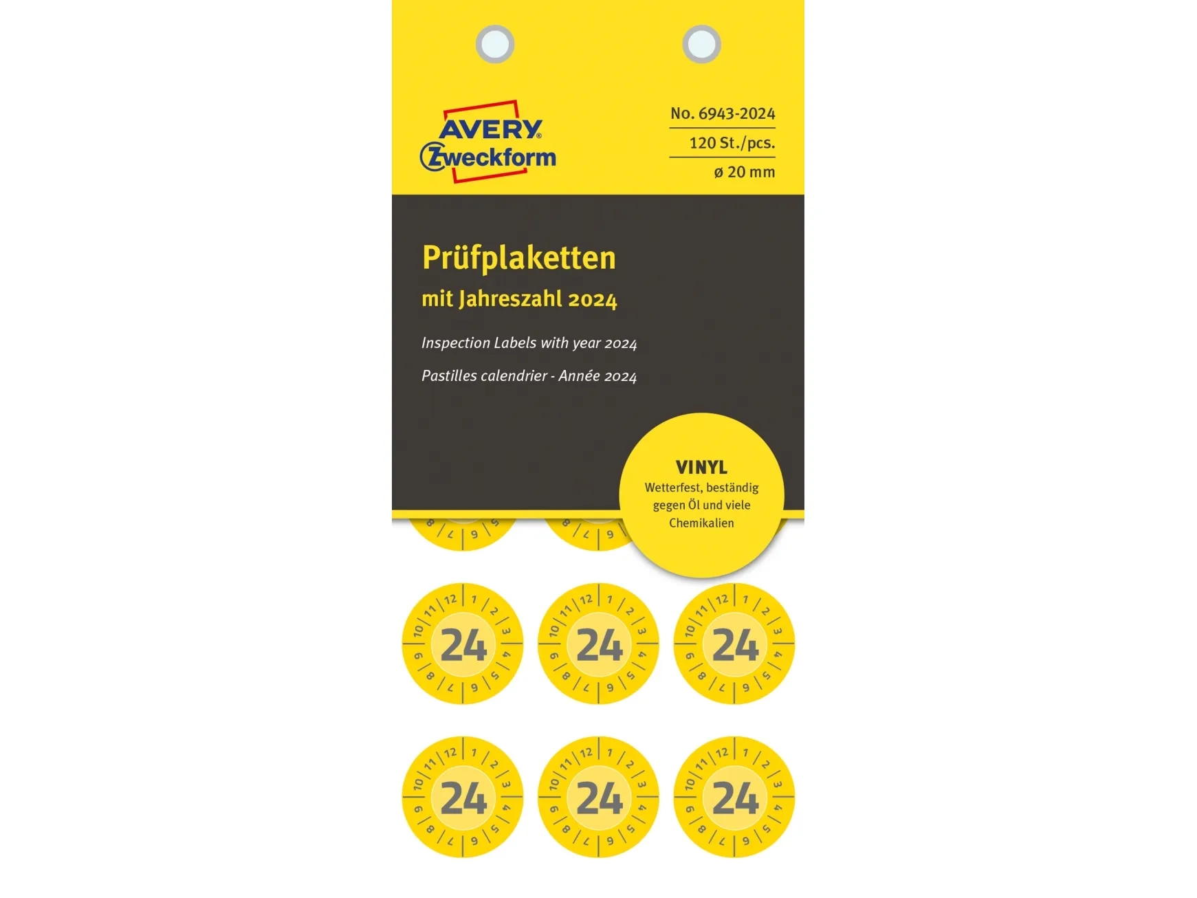 AVERY 6943-2024 Ø20 mm 120 etiketter gul 152x70x3,5 mm (8 stk) - 8 stk per blister